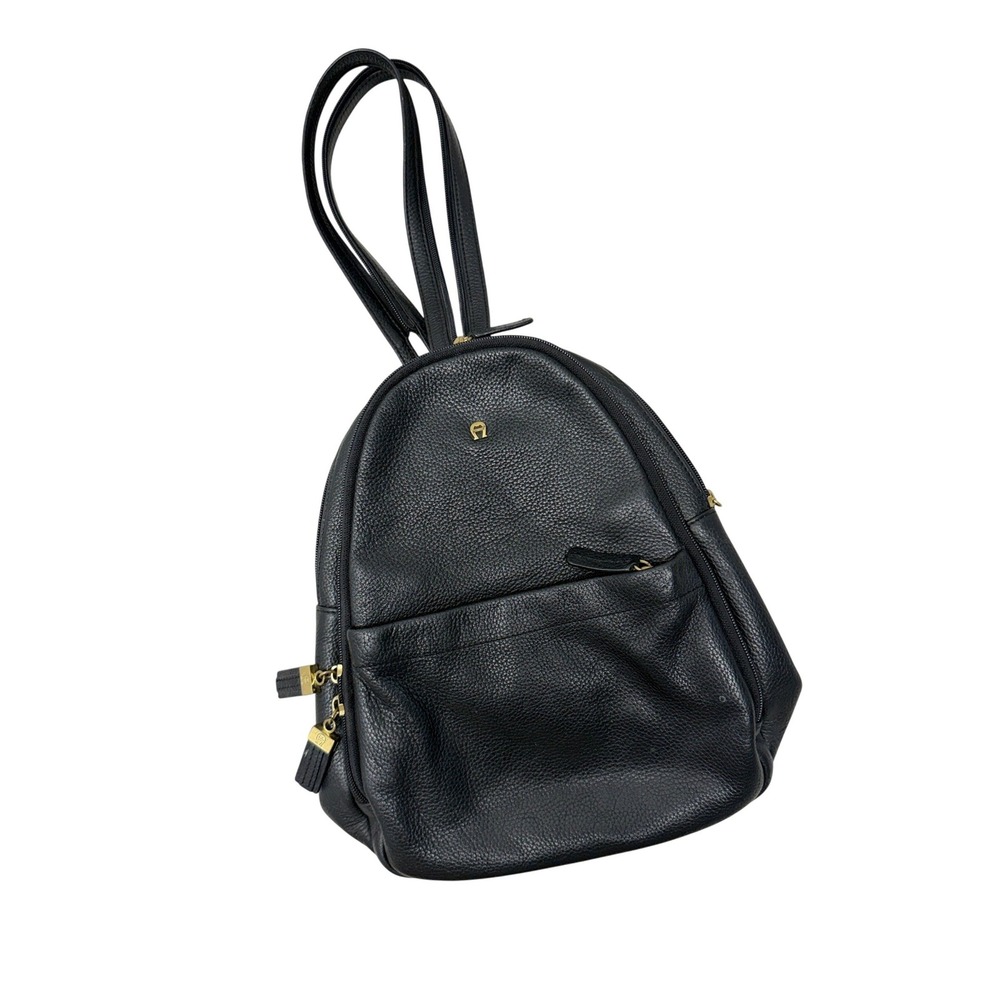 Etienne Aigner Black Pebbled Leather Backpack Gold Hardware